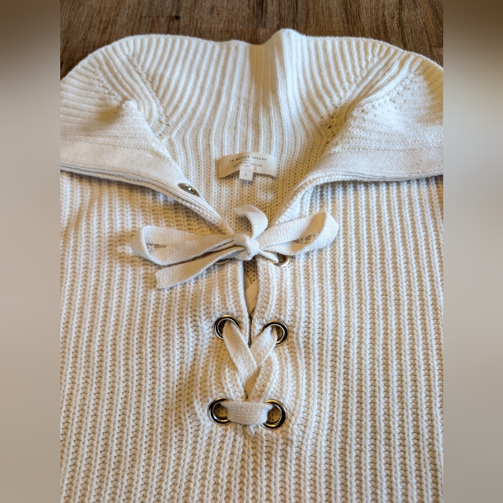 SEZANE Peter Laced Merino Blend Ribbed Flip Collar Jumper in Ecru Size S - Picture 6 of 15